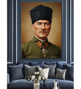 Askeri Şapkalı Atatürk Portresi Dekoratif Kanvas - Mdf Ahşap Tablo
