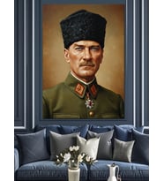 Askeri Şapkalı Atatürk Portresi Dekoratif Kanvas - Mdf Ahşap Tablo