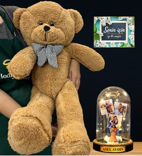 Size Özel İsimli Premium Set - Büyük Boy Kahve Peluş Ayıcık ve İsimli 3 Fotoğraflı Led Işıklı Fanus (Model 9)
