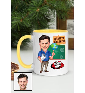 Erkek Coğrafya Öğretmenine Hediye Karikatürlü Sarı Kupa Bardak