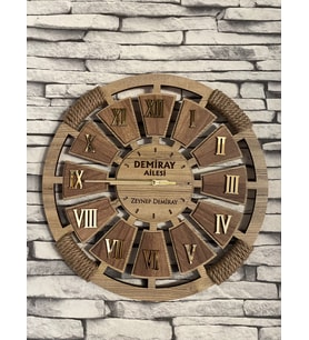Kişiye Özel Halatlı Dekoratif Ahşap Duvar Saati 40 cm
