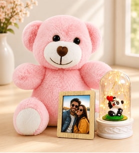 Kişiye Özel Fotoğraflı LED Işıklı Pandalı Fanus ve Pembe Peluş Ayıcık Kadına Sevgiliye Hediye