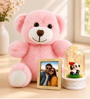 Kişiye Özel Fotoğraflı LED Işıklı Pandalı Fanus ve Pembe Peluş Ayıcık Kadına Sevgiliye Hediye