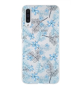 Samsung Galaxy A50 Uyumlu Kapak Floral Mavi Tasarımlı Şeffaf Silikon Kılıf