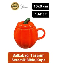 Özel Üretim Kapaklı Seramik Balkabağı Kulplu Kupa Cadılar Bayramı Kahve Biblo Fincan Sonbahar Şık