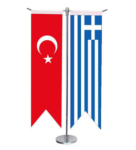 Masa Üstü Kırlangıç Yunanistan + Türk Bayrağı + Krom T Direk Masa Bayrak Seti
