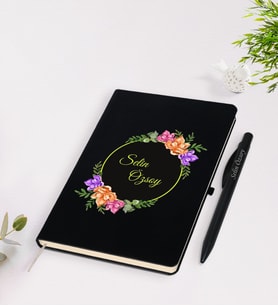 BK Gift Kişiye Özel Çiçek Desenli Siyah Defter Kalem Seti-6