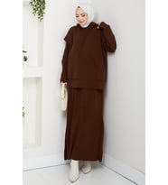 Kapüşonlu Tunik Elbise Triko Takım 1645 - Kahve