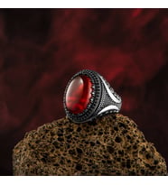 Kırmızı Akik Taşlı Oval 925 Ayar Gümüş Erkek Yüzük (Kırmızı)