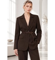 Kadın Astarlı Garni Kol Detaylı Kemerli Blazer Ceket - Kuşaklı Şık Ceket - Acı Kahve