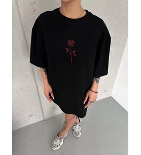 Unisex Bisiklet Yaka Baskılı Oversize T-Shirt - Siyah