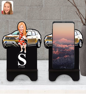 BK Gift Kişiye Özel Plakalı Kadın Dacia Duster Karikatürlü Ahşap Biblo Telefon Standı-1
