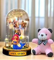 Kişiye Özel Led Işıklı Biblolu Fanus ve Pembe Peluş Ayıcıklı Anahtarlık (Model 7)