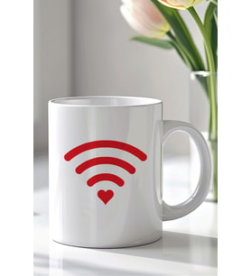 Kalp WiFi Simgeli 330ml Baskılı Beyaz Seramik Kupa Bardak