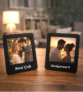 Kişiye Özel Fotoğraflı İkili Siyah Mini Masaüstü Çerçeve Seti – Sevgiliye Romantik Anı Hediyesi Siyah Renk