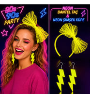 Neon Sarı Dantel Taç ve Şimşek Küpe 80&amp;#39;ler 90&amp;#39;lar Parti Seti