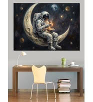 Ayın Üzerinde Oturan Bilge Astronot Dekoratif Kanvas - Mdf Ahşap Tablo
