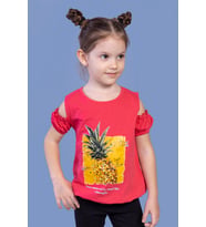 Toontoy Kız Çocuk Kolları Detaylı  Ananas Baskılı Tişört (Nar Çiçeği)