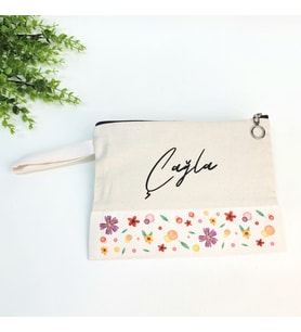 İsme Özel Renkli Çiçekli ve Yaprak Desenli Clutch Çanta