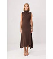 Kadın Kolsuz Bisiklet Yaka Maxi Elbise Astarlı Shift Kesim Yırtmaçlı Drape Detaylı Dokuma Rahat