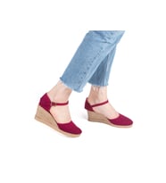 Gerçek Elişi Bilekten Bantlı Topuğu Açık Keten Espadril Dolgu Topuk Handmade (Bordo)