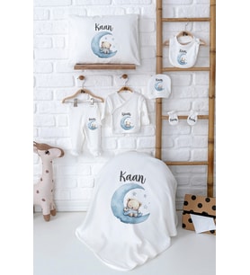 Pia Baby Premium İsmine Özel %100 Pamuk Yeni Doğan Erkek Bebek Zıbın Set Hediyesi 5071-02 (Ekru)