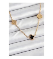 Mey İthalat® 316L Çelik Zincir Gold Renk Siyah ve Zirkon Taşlı Baby Boy Yonca Kadın Kolye