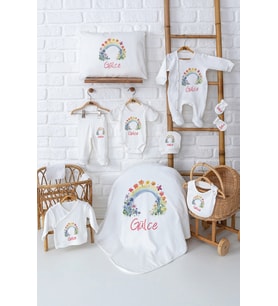 Pia Baby Premium %100 Pamuk 11 Parça İsimli Erkek Bebek Hastane Çıkışı Yeni Doğan Hediyelik Set 5057-00 (Ekru)