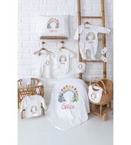 Pia Baby Premium %100 Pamuk 11 Parça İsimli Erkek Bebek Hastane Çıkışı Yeni Doğan Hediyelik Set 5057-00 (Ekru)
