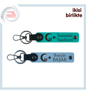 Çiftlere Anlamlı Hediye – Çocuk Ve Ayyıldız ve İsimli 2’li Anahtarlık Takımı, Koyu Turkuaz-Mavi
