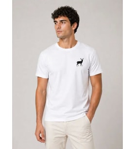 Erkek Minimal Geyik Logolu Tişört Bisiklet Yaka Kısa Kol Yazlık T-Shirt - Beyaz