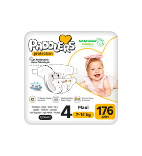 Paddlers Protection Bebek Bezi 4 Numara Maxi (7-14 Kg) 176 Adet – Ekstra Jumbo Set, Maksimum Koruma