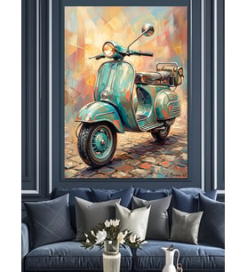 Retro Mavi Vespa Motor Tablosu Dekoratif Kanvas - Mdf Ahşap Tablo