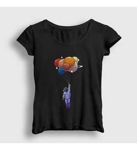 Presmono Kadın Siyah Balloons Astronaut Space Astronot Uzay T-Shirt 282139tt