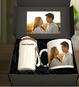 Kişiye Özel Fotoğraf Baskılı Romantik Hediye Kutusu  Termos & Kupa Seti İsme ve Fotoğrafa Özel Termos Kupa Seti - Premium Hediye
