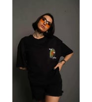 Unisex Bisiklet Yaka Baskılı Oversize T-Shirt - Siyah