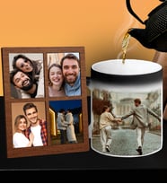 Kişiye Özel Premium Resimli Sihirli Kupa Ve Fotoğraflı Dört Resimli Siyah Kolaj Masaüstü Fotoğraf Ahşap Çerçeve