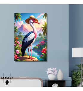 Tekli Dikey Kanvas Tablo Yüksek Kaliteli Renkli Şapkalı Tatilde Flamingo