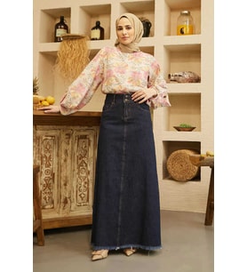 2252-Denim Püsküllü  Etek Lacivert