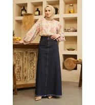 2252-Denim Püsküllü  Etek Lacivert