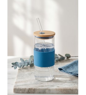 Bambu Kapaklı Cam Pipetli Kupa 400 Ml 1 Adet Gri