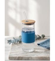 Bambu Kapaklı Cam Pipetli Kupa 400 Ml 1 Adet Gri
