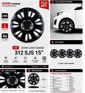 Dacia Uyumlu 15 Inç Kırılmaz Parlak Siyah Jant Kapağı 1 Takım 4 Adet No:312