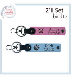 Baba İçin Hazırlanmış Kişisel Tasarım, Gemi Dümeni Desenli Anahtarlık Seti, Pembe-Gök Mavi