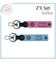 Baba İçin Hazırlanmış Kişisel Tasarım, Gemi Dümeni Desenli Anahtarlık Seti, Pembe-Gök Mavi