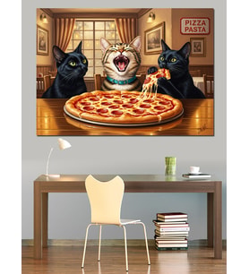 Pizza Yiyen Kedi Ailesi Dekoratif Kanvas - Mdf Ahşap Tablo