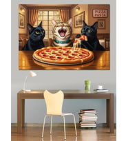 Pizza Yiyen Kedi Ailesi Dekoratif Kanvas - Mdf Ahşap Tablo
