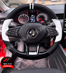 Renault Arkana Dikme Direksiyon Kılıfı Delikli Deri Parlak Siyah Beyaz Detay Çift Yüzük ve Dikiş 2021-2024