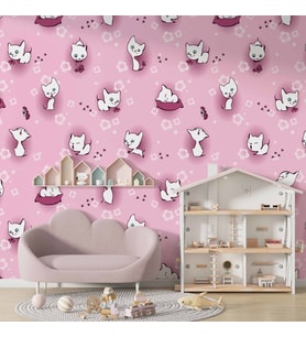 Pembe Kedili Çocuk Odası Duvar Kağıdı Baskı