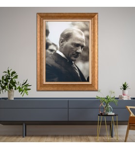 Altın Varaklı Çerçeveli Paspartulu Atatürk Tablo TR1074 (Gold)